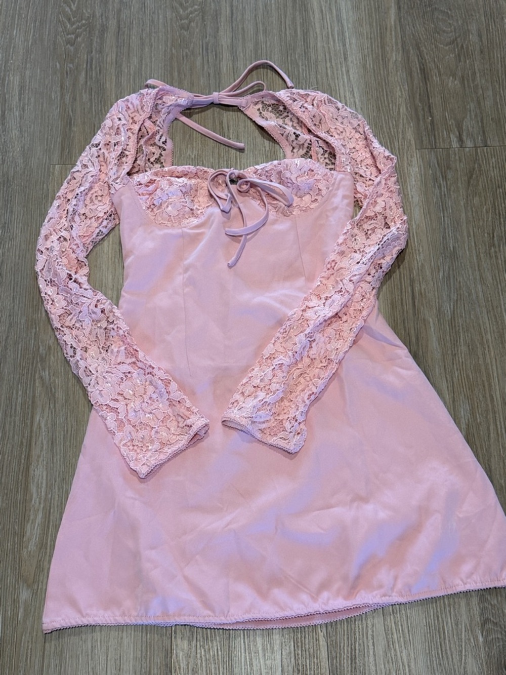 Pink Lace Sleeve Halter Mini Dress